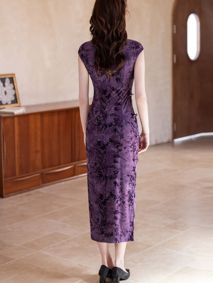 Purple Floral Velvet Long Qipao Cheongsam Dress