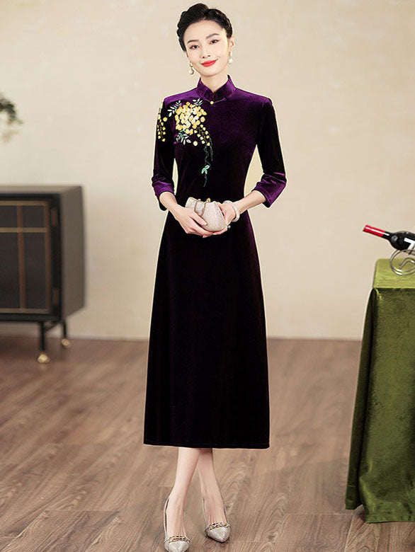 Red Purple Mothers A-Line Embroidered Velvet Cheongsam Qipao Dress