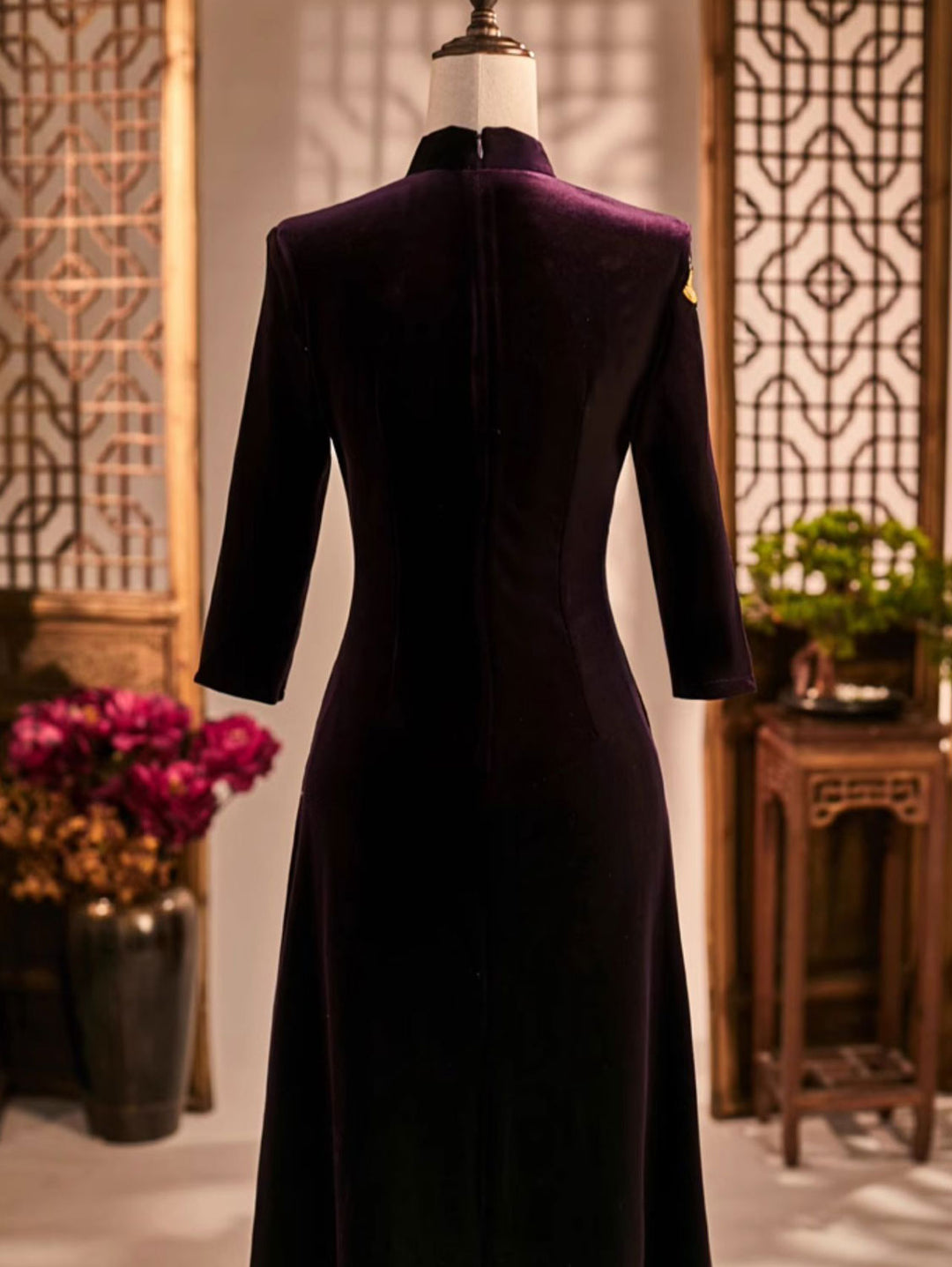 Red Purple Mothers A-Line Embroidered Velvet Cheongsam Qipao Dress
