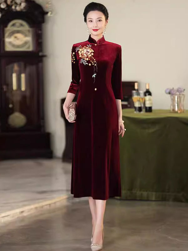 Red Purple Mothers A-Line Embroidered Velvet Cheongsam Qipao Dress