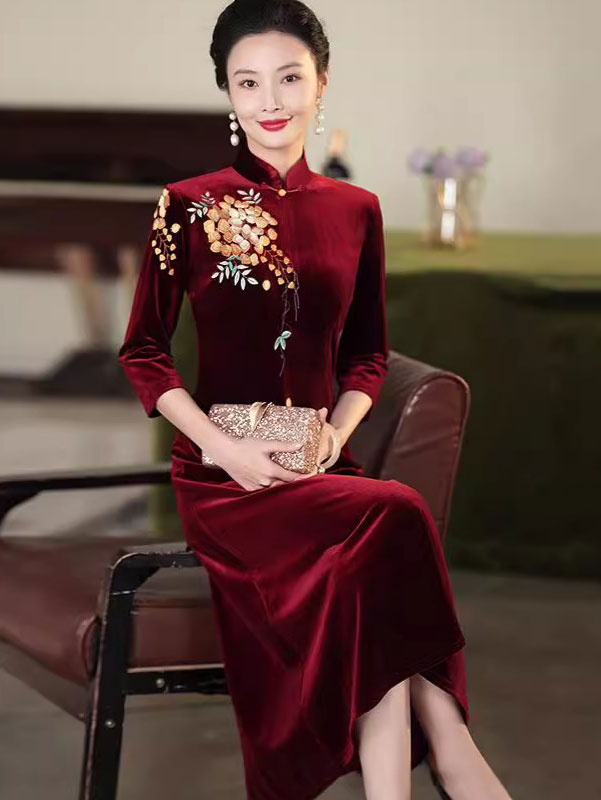 Red Purple Mothers A-Line Embroidered Velvet Cheongsam Qipao Dress