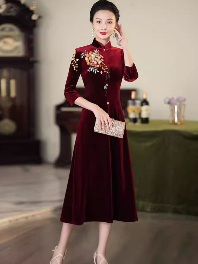 Red Purple Mothers A-Line Embroidered Velvet Cheongsam Qipao Dress