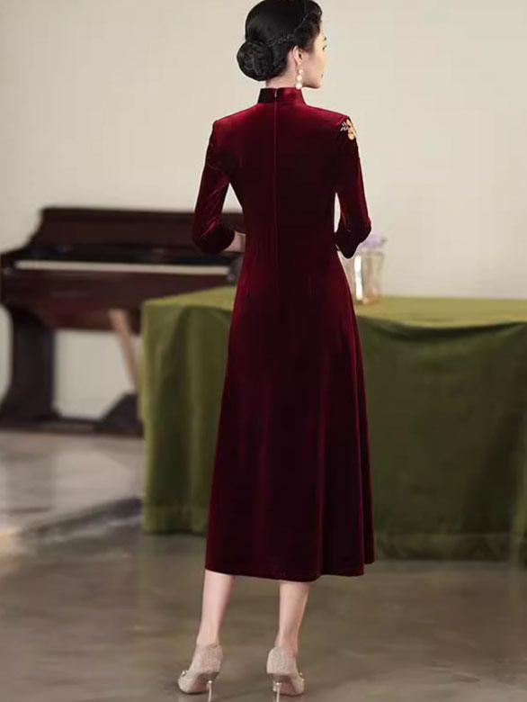 Red Purple Mothers A-Line Embroidered Velvet Cheongsam Qipao Dress