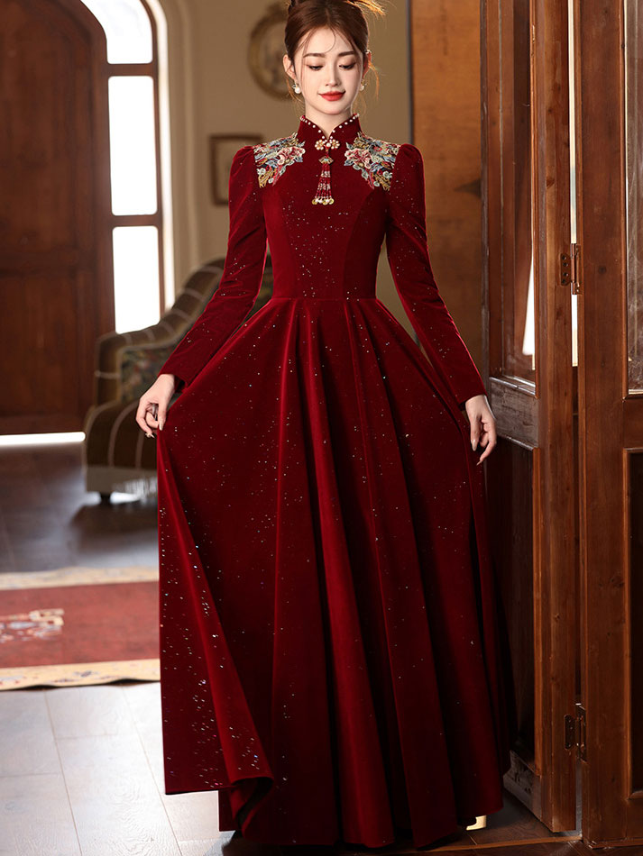 Burgundy Shimmer Velvet A-Line Wedding Qipao Cheongsam Dress