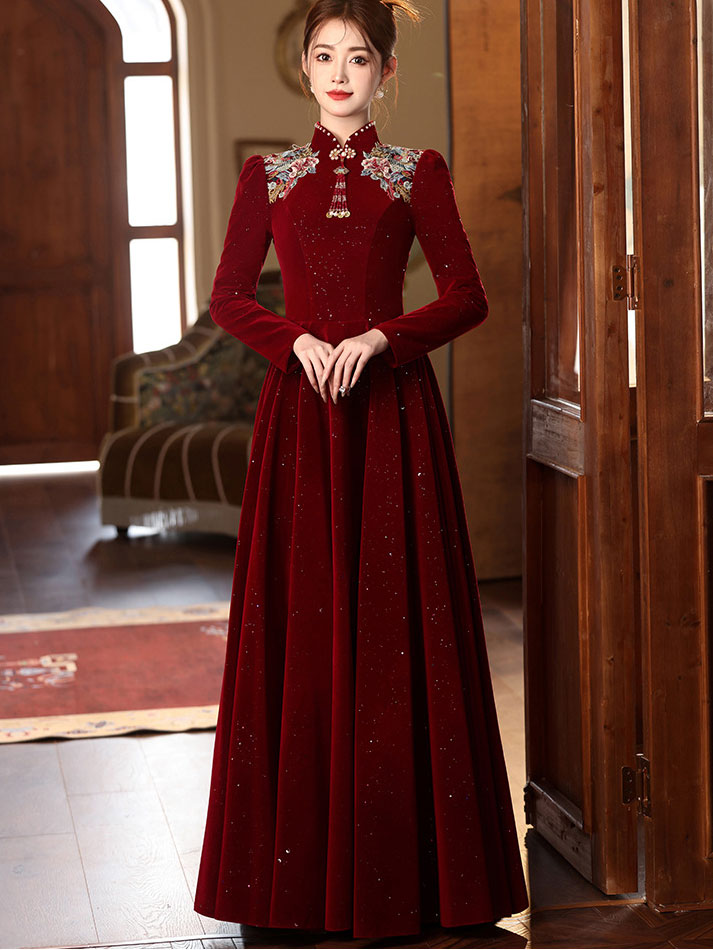Burgundy Shimmer Velvet A-Line Wedding Qipao Cheongsam Dress