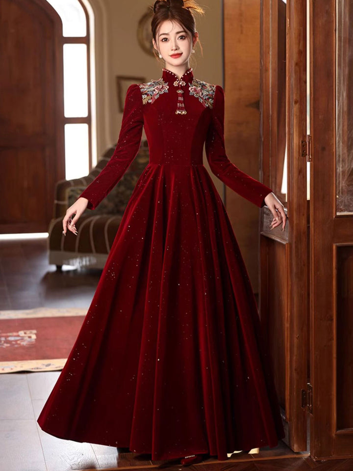 Burgundy Shimmer Velvet A-Line Wedding Qipao Cheongsam Dress