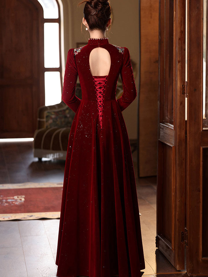 Burgundy Shimmer Velvet A-Line Wedding Qipao Cheongsam Dress