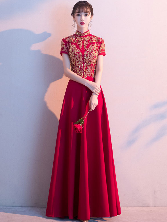 Gold Sequins Appliqués Wedding Bridal Qipao Cheongsam Dress