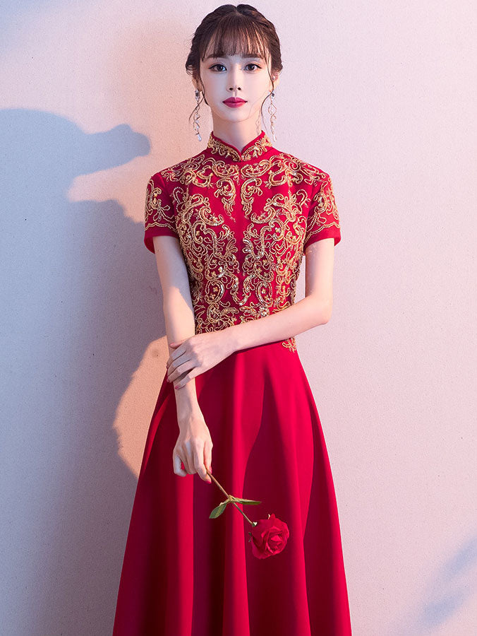 Gold Sequins Appliqués Wedding Bridal Qipao Cheongsam Dress