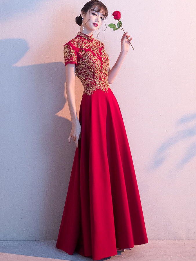 Gold Sequins Appliqués Wedding Bridal Qipao Cheongsam Dress