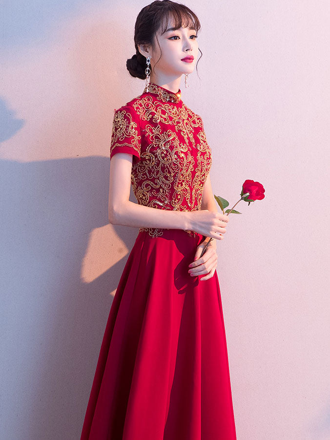 Gold Sequins Appliqués Wedding Bridal Qipao Cheongsam Dress