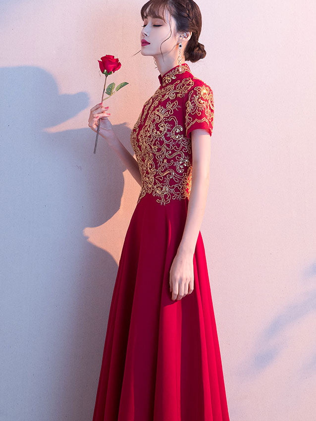 Gold Sequins Appliqués Wedding Bridal Qipao Cheongsam Dress