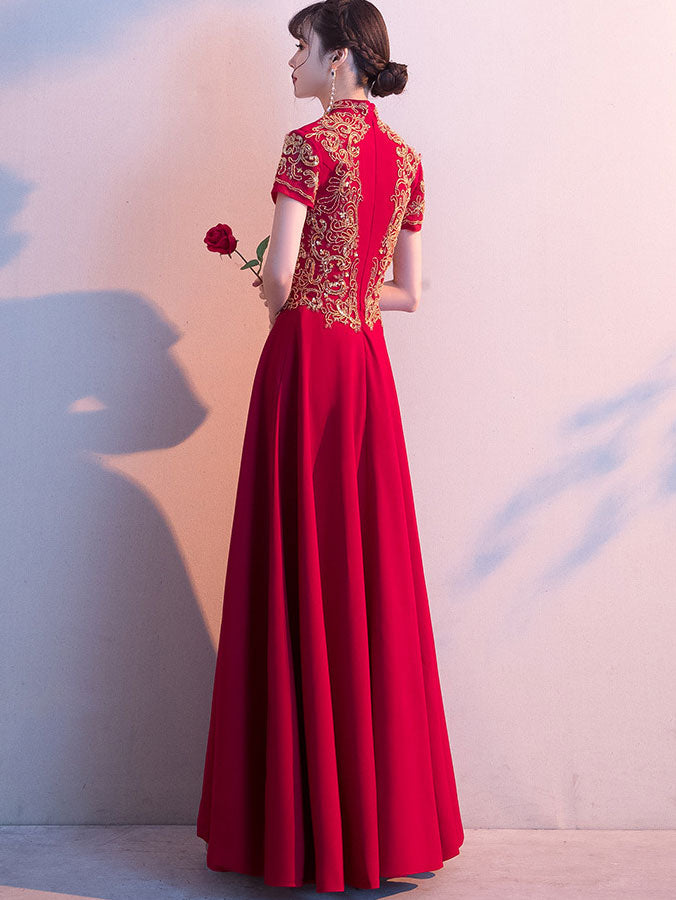 Gold Sequins Appliqués Wedding Bridal Qipao Cheongsam Dress