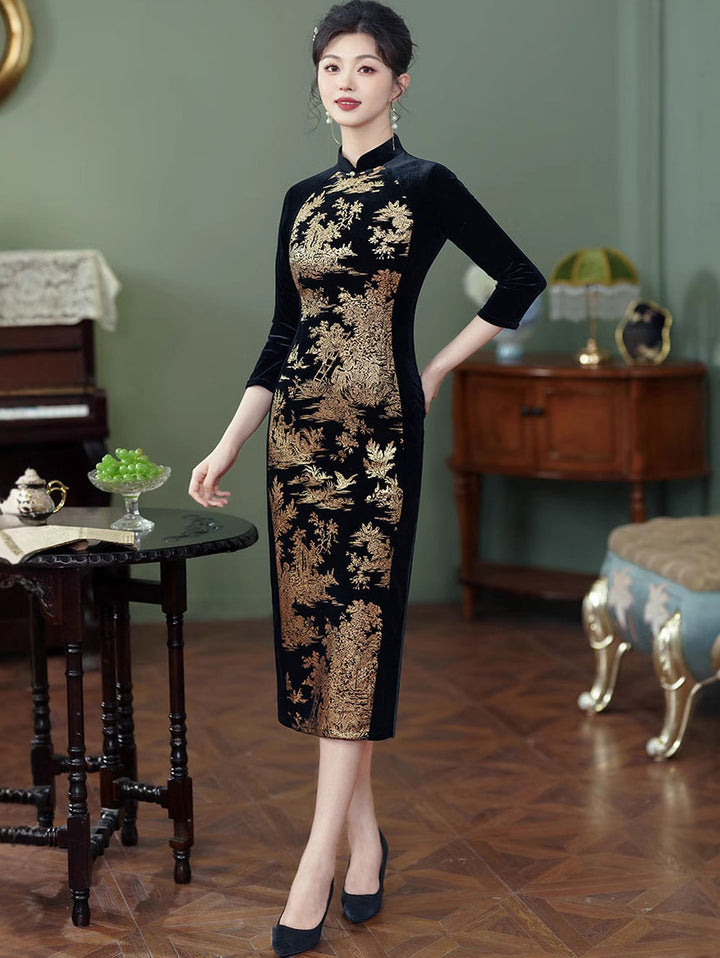 Floral Print Velvet Mothers 3/4 Sleeve Qipao Cheongsam Dress