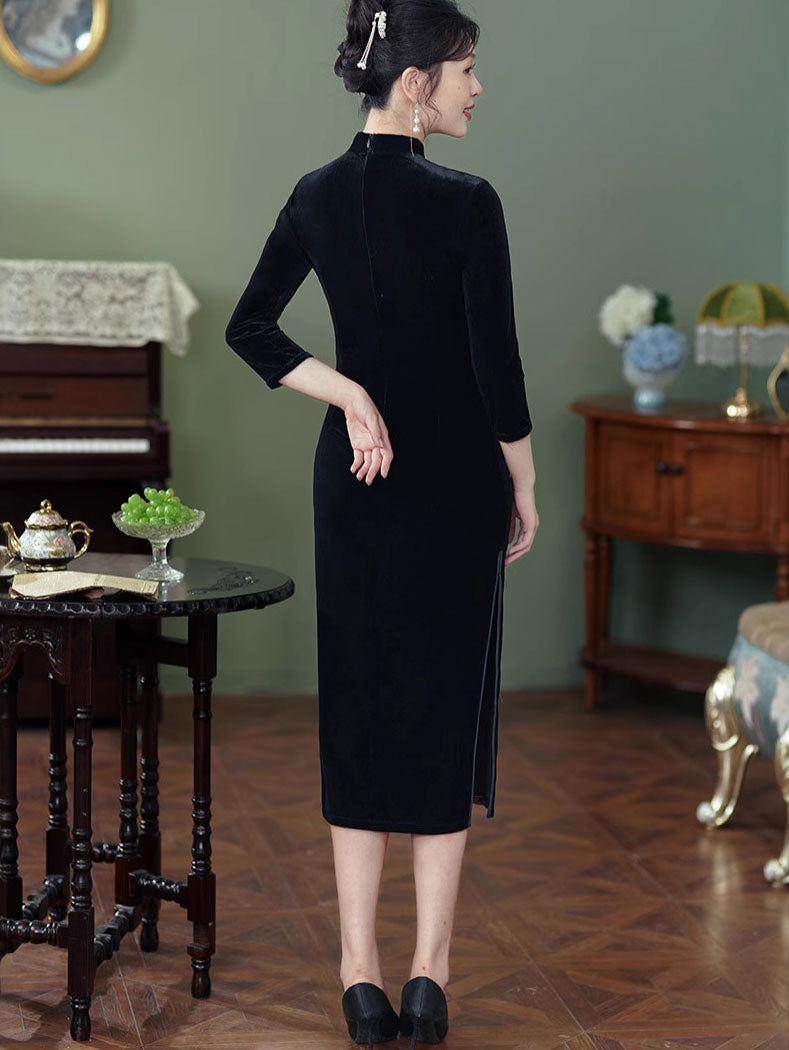 Floral Print Velvet Mothers 3/4 Sleeve Qipao Cheongsam Dress