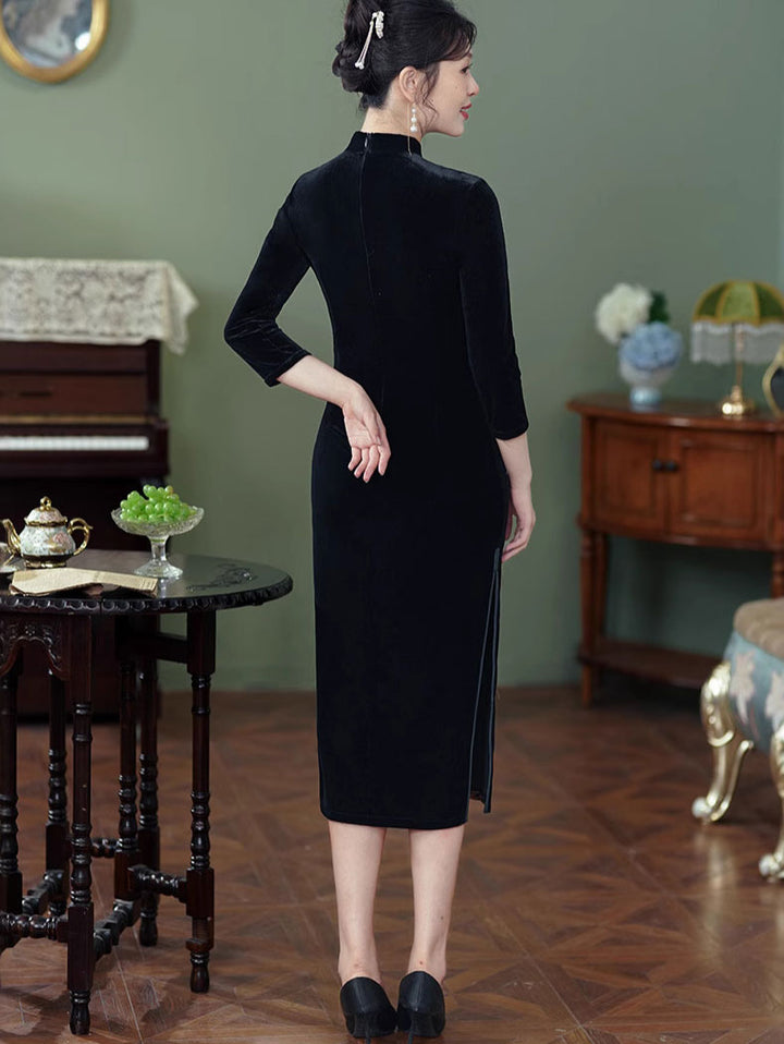 Floral Print Velvet Mothers 3/4 Sleeve Qipao Cheongsam Dress