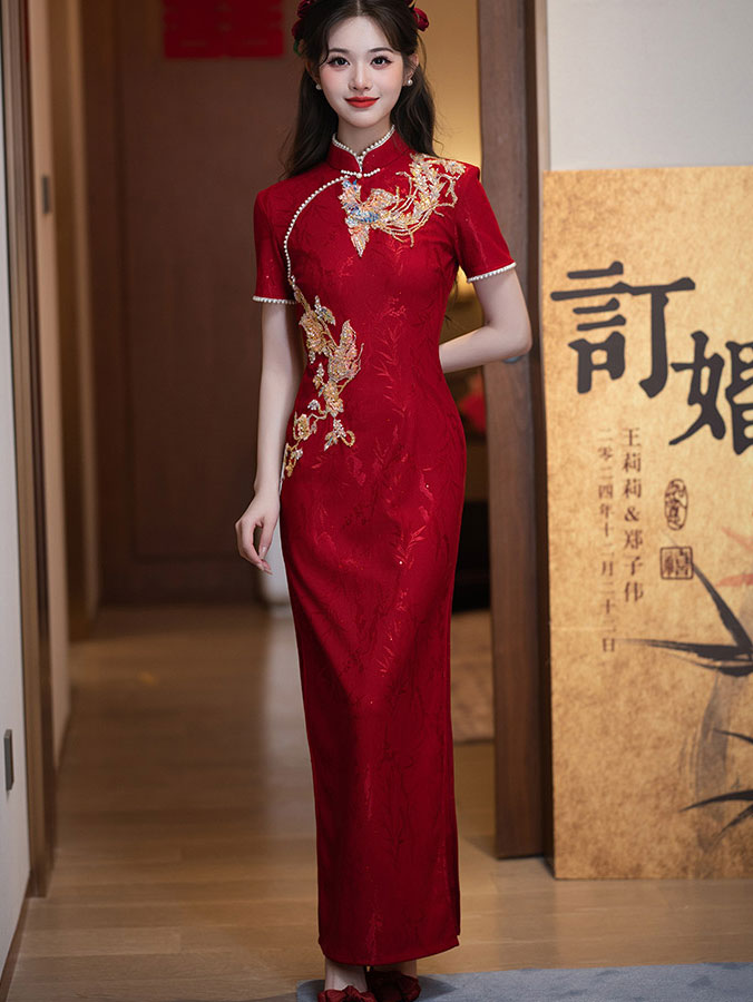 Red Beads Phoenix Wedding Bridal Cheongsam Qipao Dress