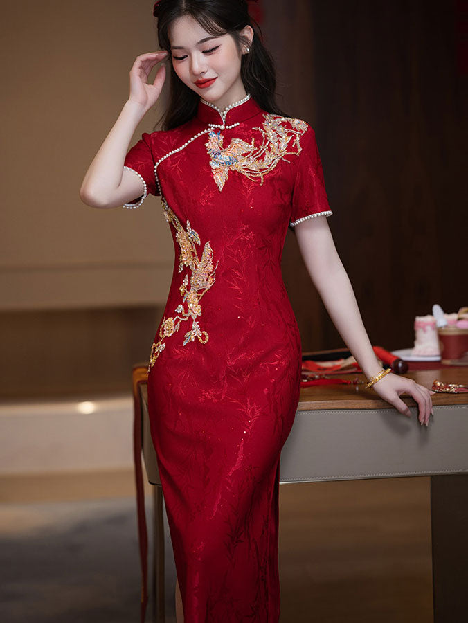 Red Beads Phoenix Wedding Bridal Cheongsam Qipao Dress