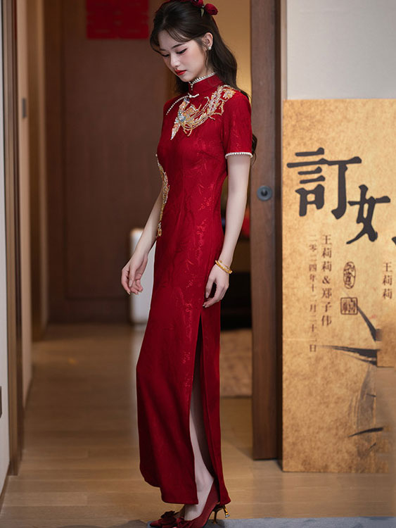Red Beads Phoenix Wedding Bridal Cheongsam Qipao Dress