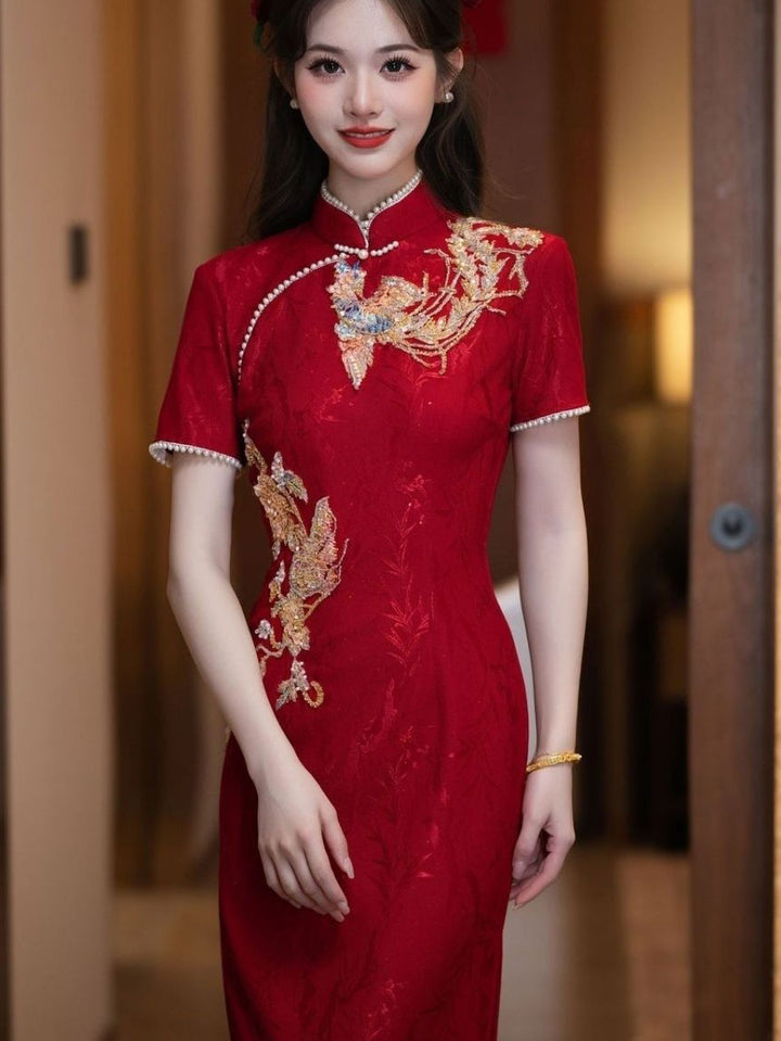 Red Beads Phoenix Wedding Bridal Cheongsam Qipao Dress