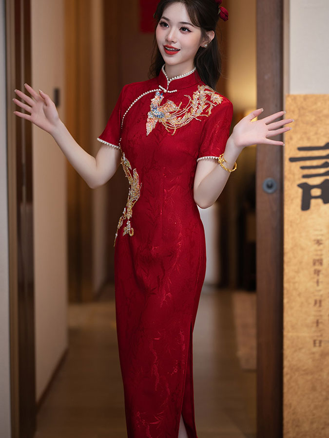 Red Beads Phoenix Wedding Bridal Cheongsam Qipao Dress
