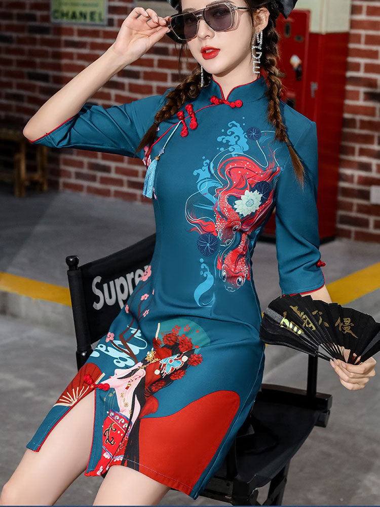 Blue Peking Opera Print Cheongsam Qipao Dress