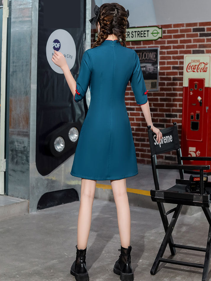 Blue Peking Opera Print Cheongsam Qipao Dress