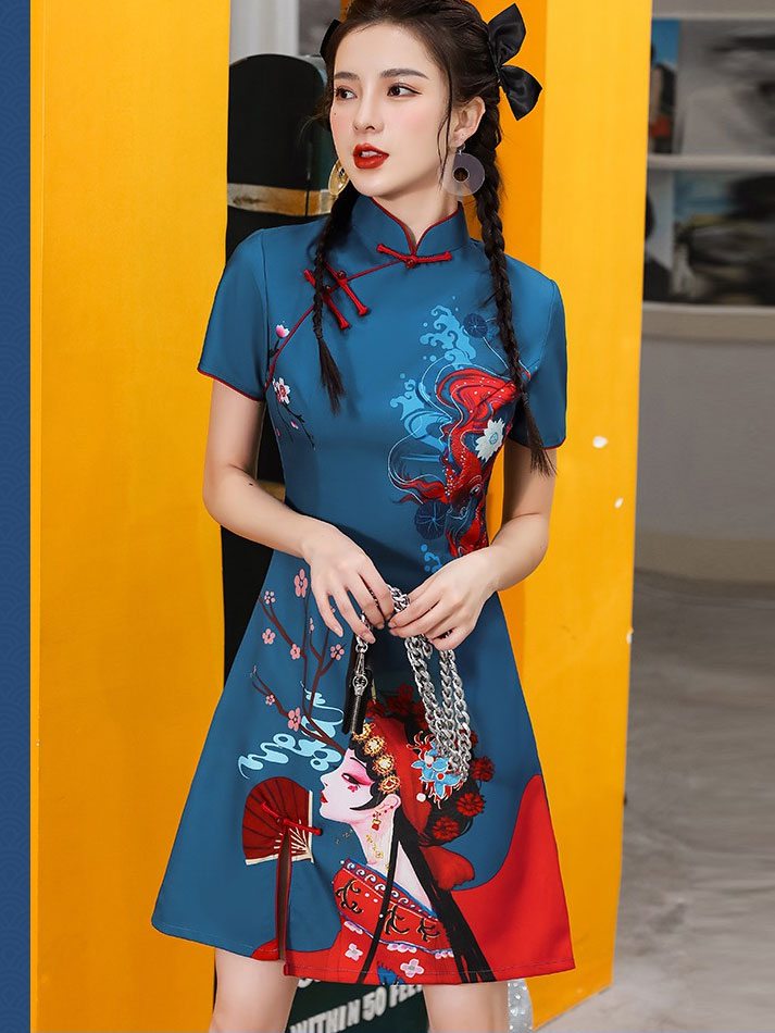 Blue Peking Opera Print Cheongsam Qipao Dress