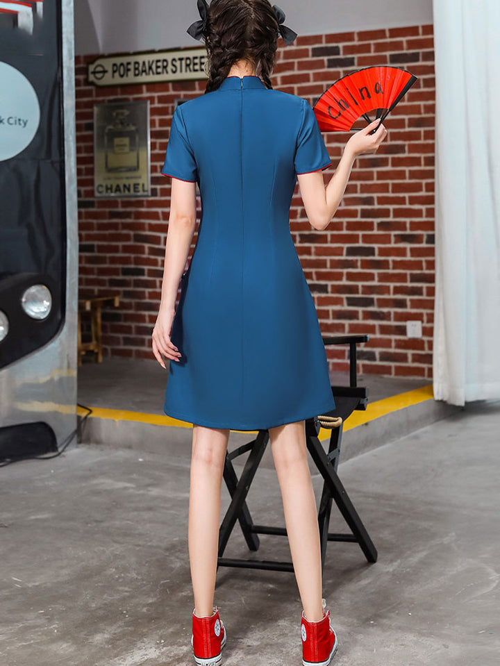 Blue Peking Opera Print Cheongsam Qipao Dress