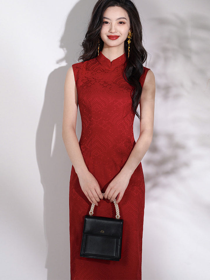 Red White Jacquard Long Cheongsam Qipao Dress