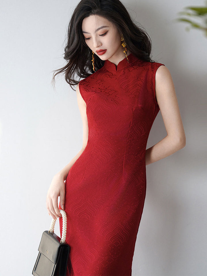 Red White Jacquard Long Cheongsam Qipao Dress