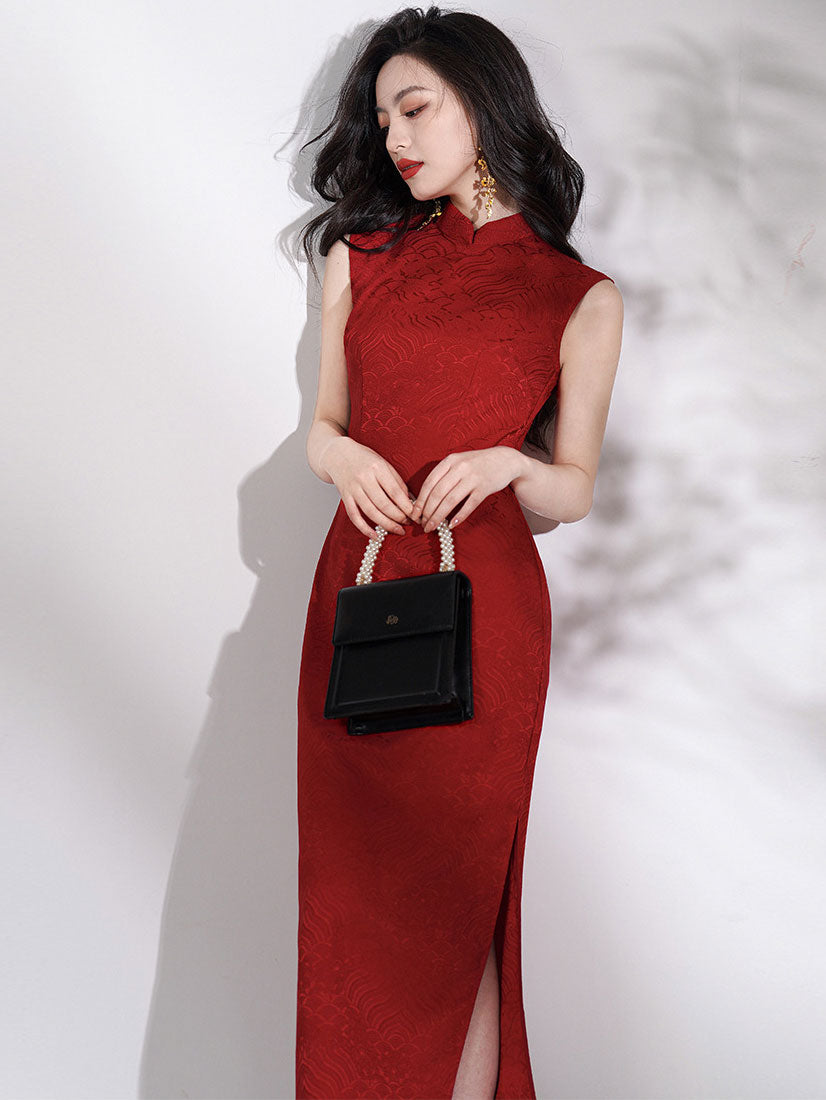 Red White Jacquard Long Cheongsam Qipao Dress