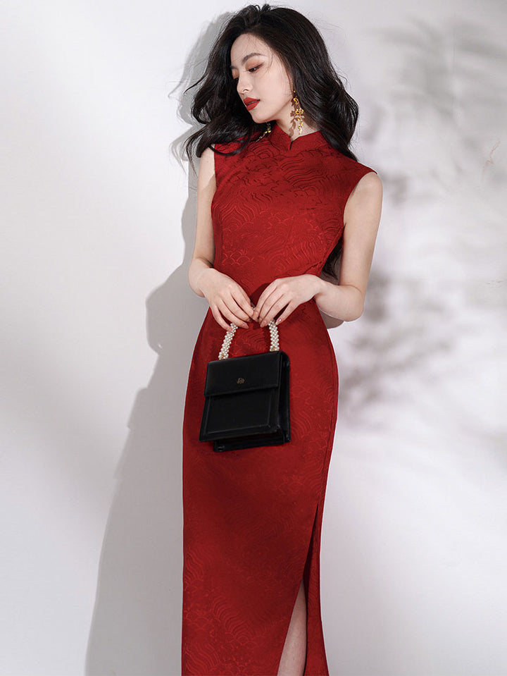 Red White Jacquard Long Cheongsam Qipao Dress