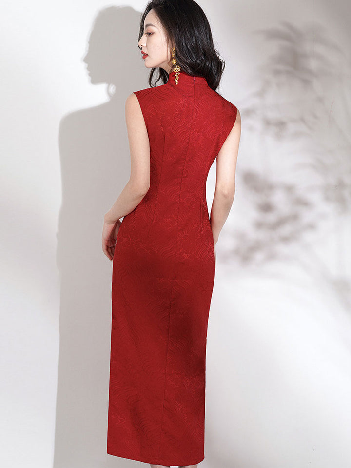 Red White Jacquard Long Cheongsam Qipao Dress