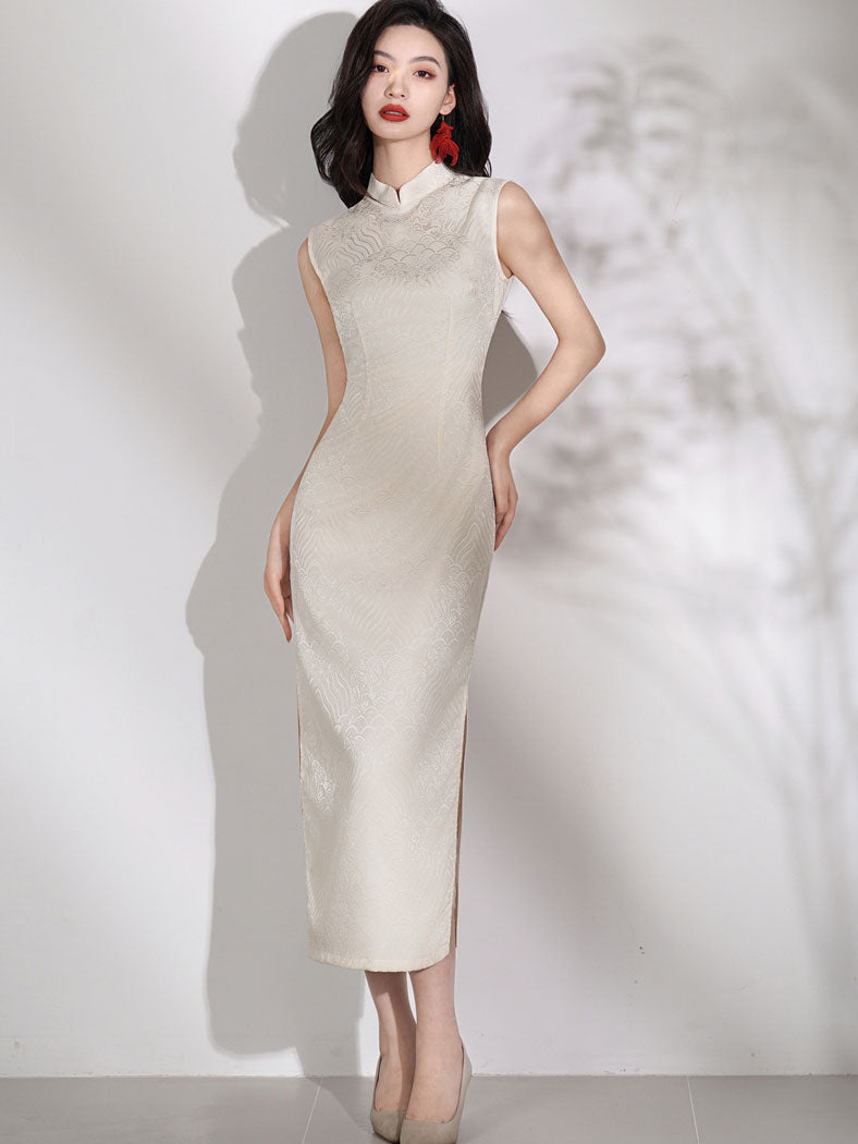 Red White Jacquard Long Cheongsam Qipao Dress