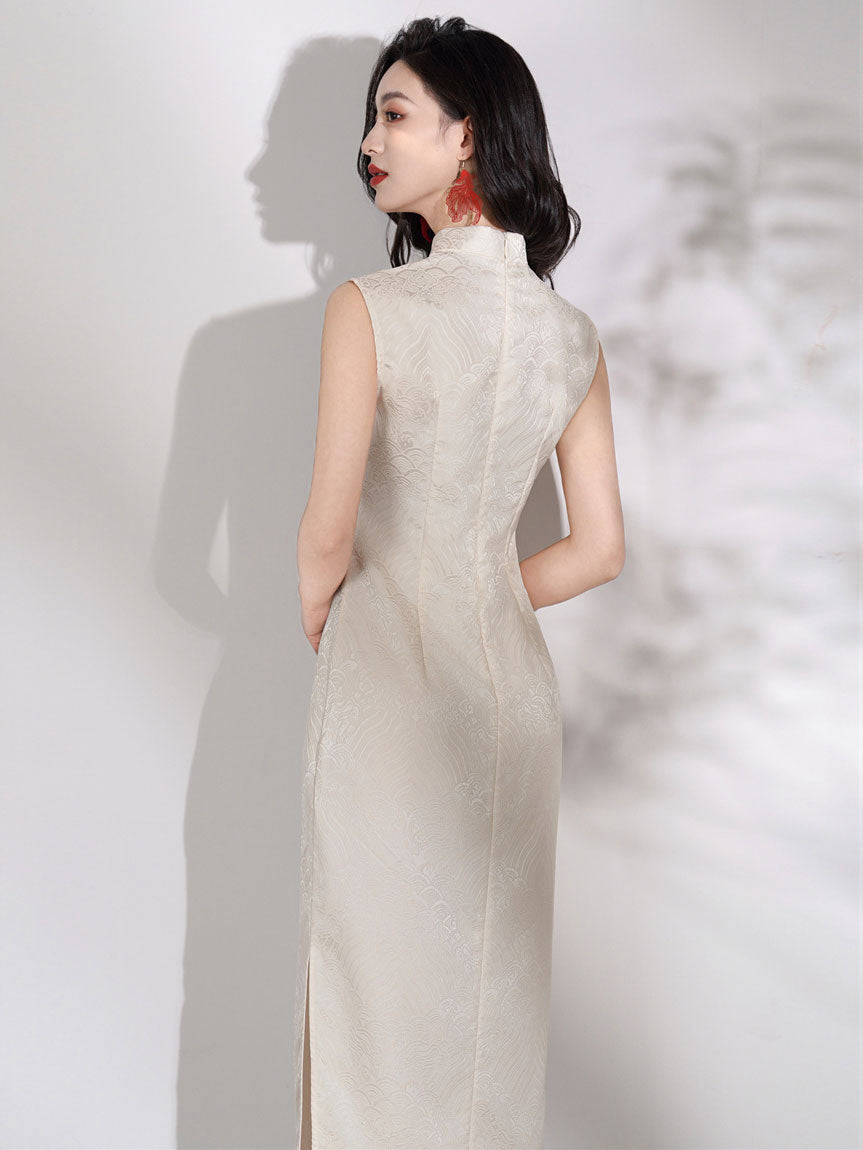 Red White Jacquard Long Cheongsam Qipao Dress