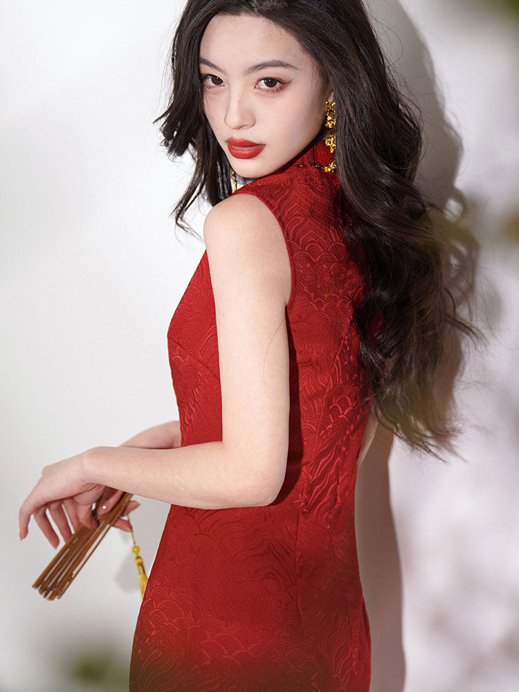 Red White Jacquard Long Cheongsam Qipao Dress