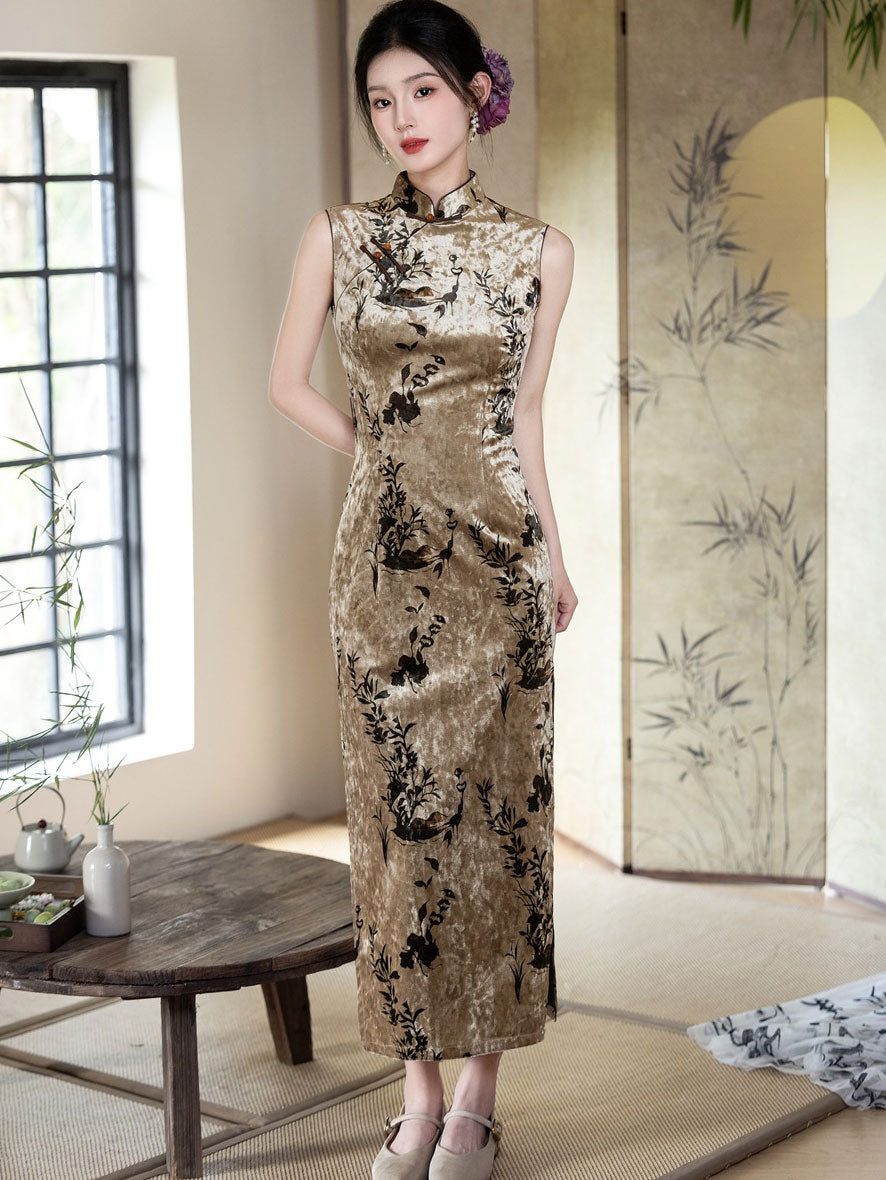Floral Velvet Sleeveless Long Cheongsam Qipao Dress