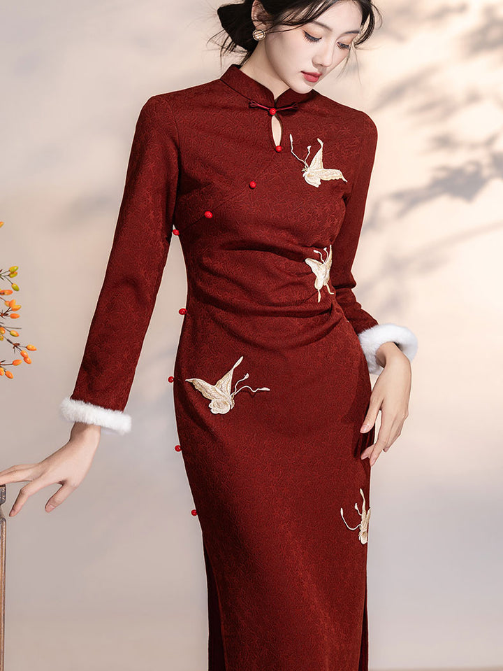Red Embroidered Winter Long Sleeve New Year Cheongsam Qipao Dress