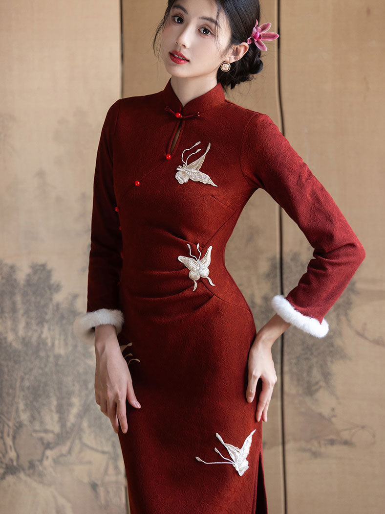 Red Embroidered Winter Long Sleeve New Year Cheongsam Qipao Dress