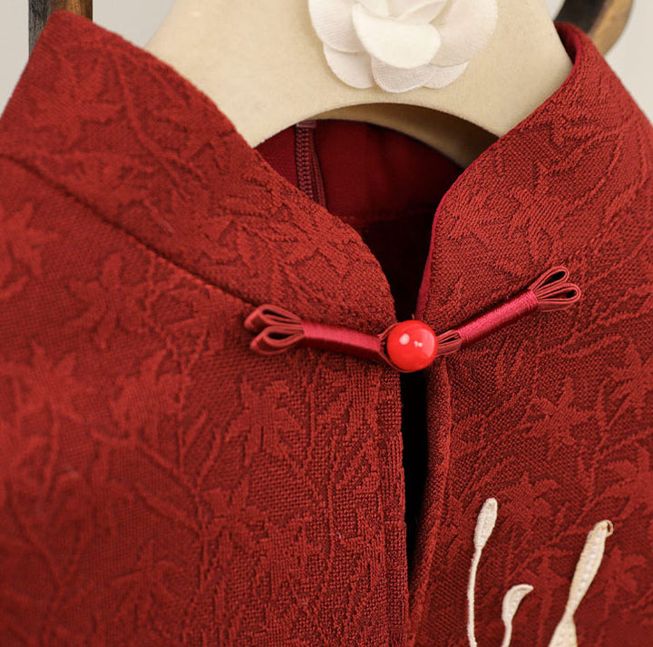Red Embroidered Winter Long Sleeve New Year Cheongsam Qipao Dress