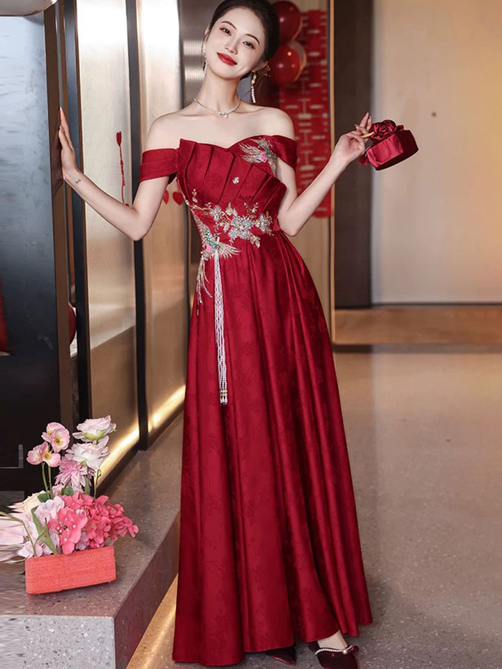 Burgundy Off Shoulder Sequins Appliques A-Line Bridal Wedding Dress