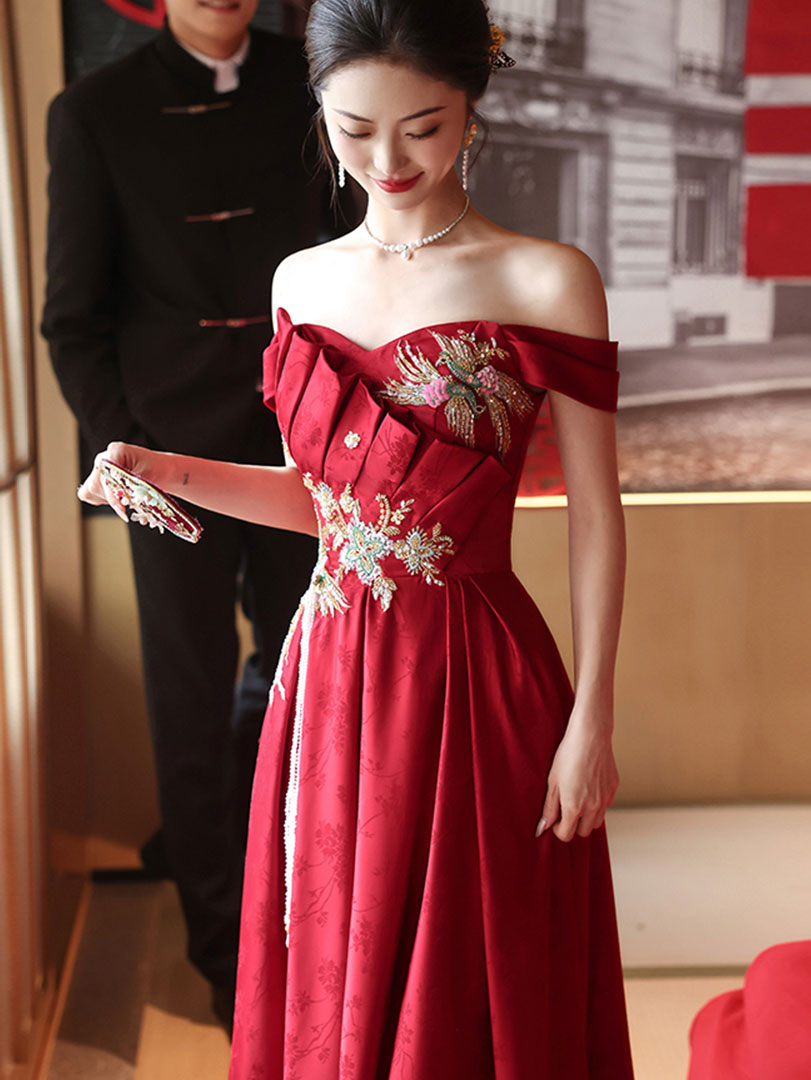 Burgundy Off Shoulder Sequins Appliques A-Line Bridal Wedding Dress