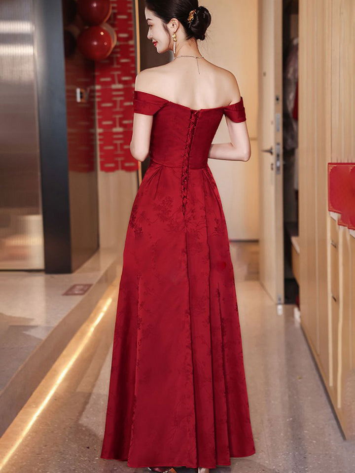 Burgundy Off Shoulder Sequins Appliques A-Line Bridal Wedding Dress