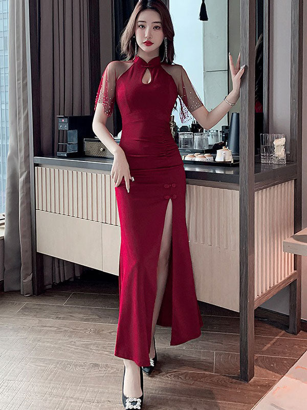 Black Burgundy Mesh Shoulder Thigh Split Qipao Cheongsam Dress