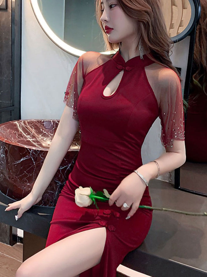 Black Burgundy Mesh Shoulder Thigh Split Qipao Cheongsam Dress