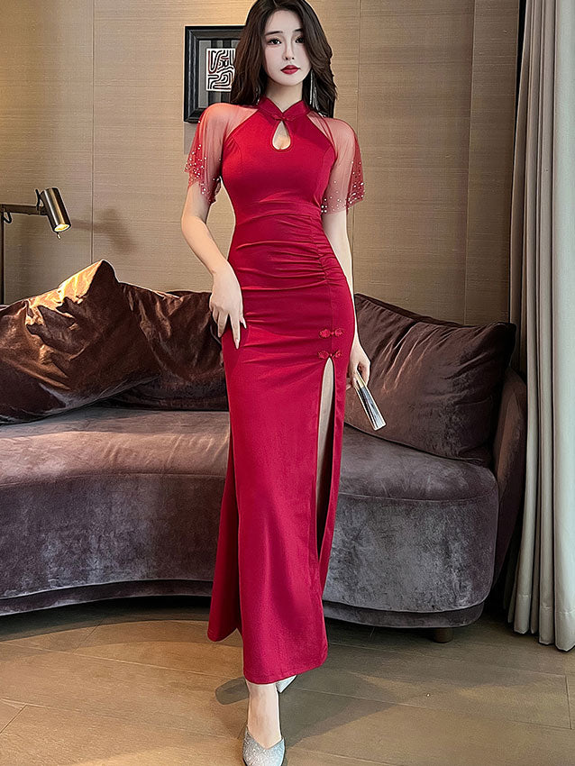 Black Burgundy Mesh Shoulder Thigh Split Qipao Cheongsam Dress