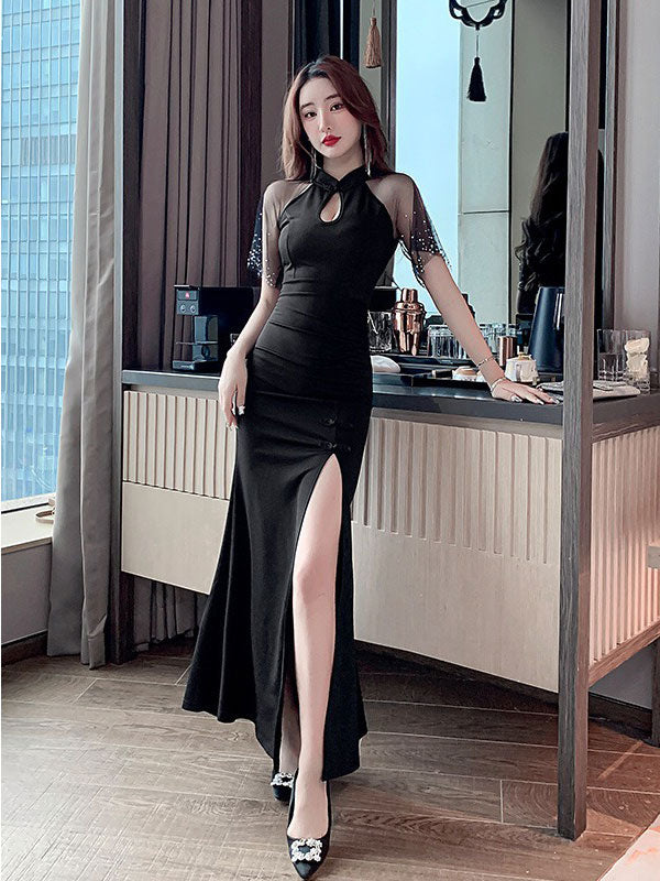Black Burgundy Mesh Shoulder Thigh Split Qipao Cheongsam Dress
