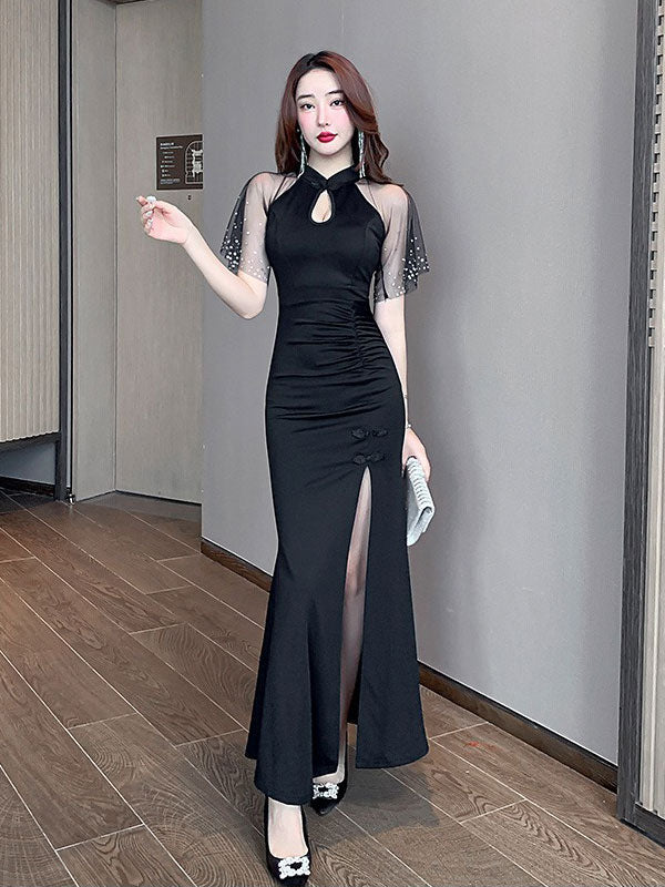 Black Burgundy Mesh Shoulder Thigh Split Qipao Cheongsam Dress