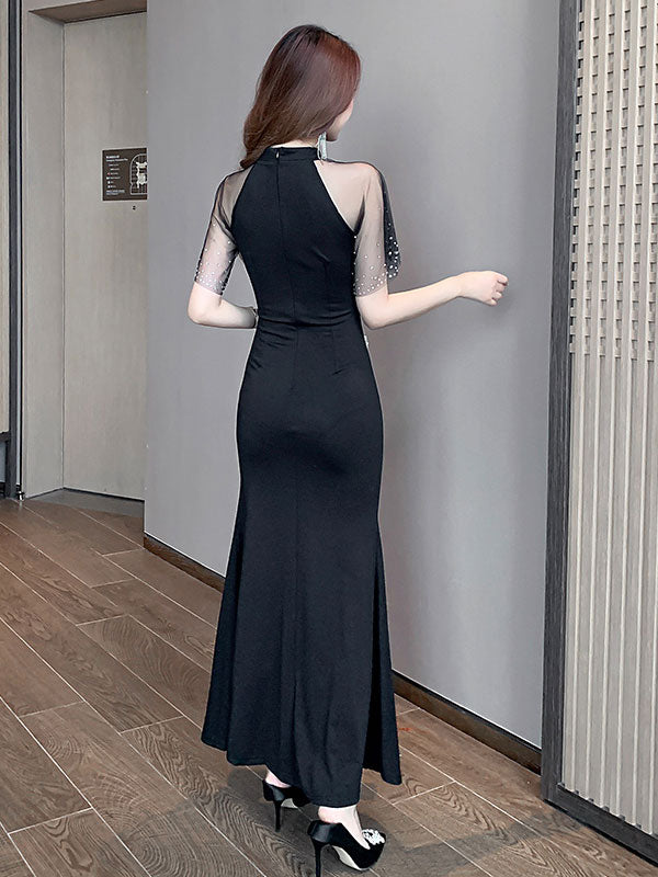 Black Burgundy Mesh Shoulder Thigh Split Qipao Cheongsam Dress